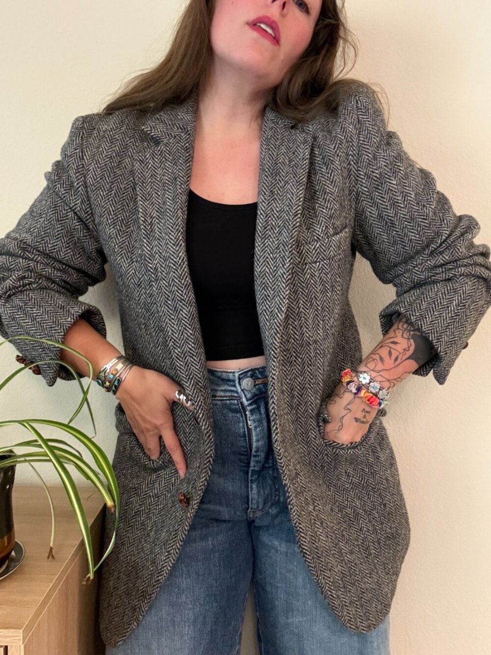Vintage Harris Tweed Gray Scottish Wool Herringbone Blazer